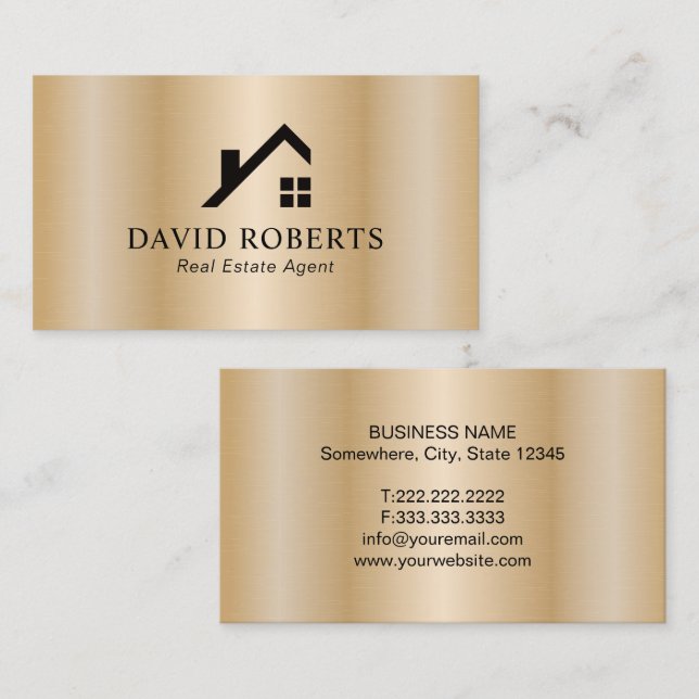 Realtor Modern Guld House Logotyp Real Gods Visitkort (Fram/baksida)