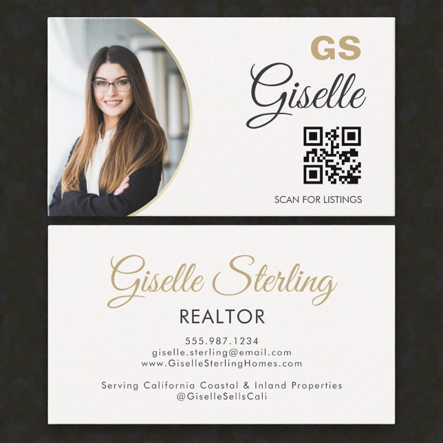  Realtor Neutral Gold Photo Monogram QR Code  Visitkort (Skapare uppladdad)