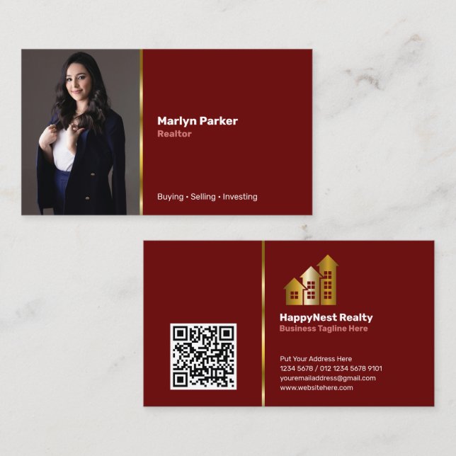 Realtor Personal Photo, QR-kod, Logotyp Maroon Visitkort (Fram/baksida)