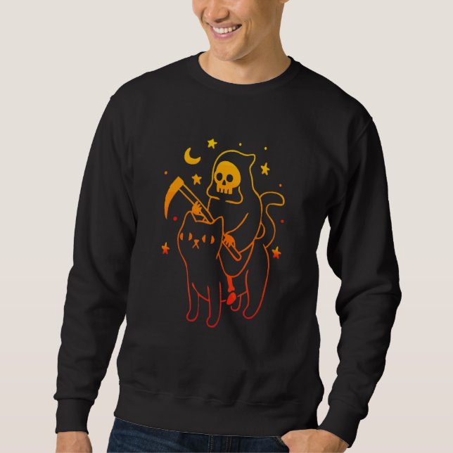 Reaper Riding A Djävulen Cat Skeleton Skull Reaper Lång Ärmad Tröja (Framsida)