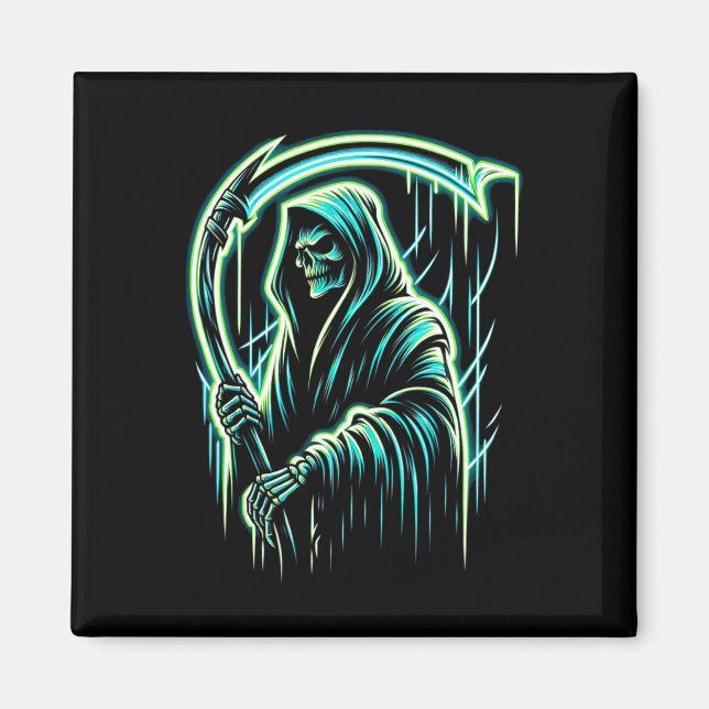 Reaper Skeleton Skull Coola Halloween Heavy Metall Magnet (Framsidan)