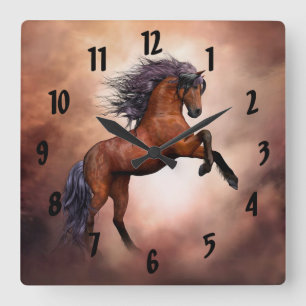 Rearing Bay Horse Clock Fyrkantig Klocka
