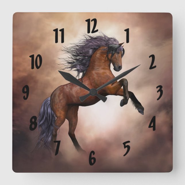 Rearing Bay Horse Clock Fyrkantig Klocka (Framsida)