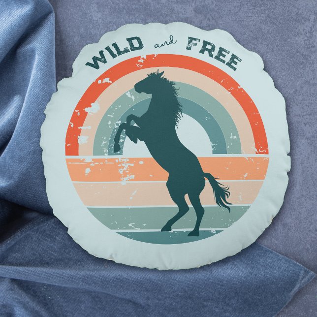 Rearing Blue Horse Retro Rainbow Vild Free Rund Kudde (Skapare uppladdad)