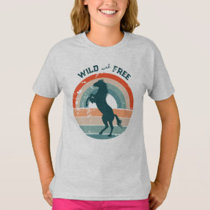 Rearing Blue Horse Retro Rainbow Vild Free T-Shirt