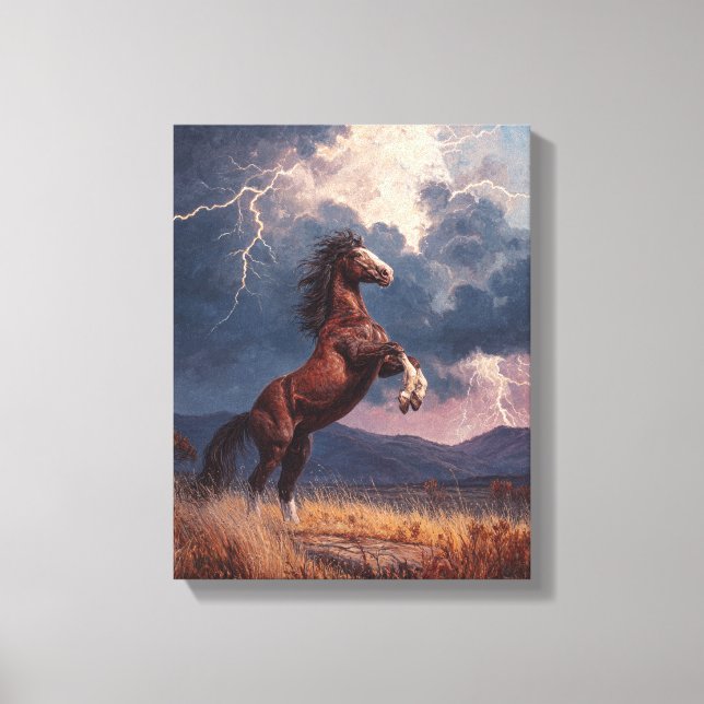 Rearing Horse Lightning Storm Painting Canvastryck (Framsida)