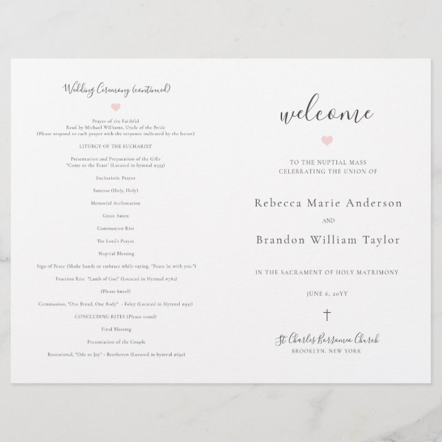 Rebecca Catholic Bröllop Mass Ceremony Program (Framsida)