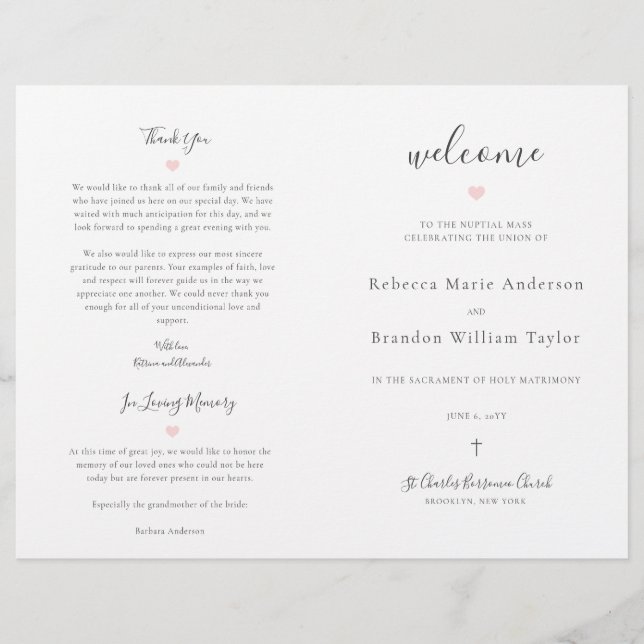 Rebecca Catholic Bröllop Mass Ceremony Program (Framsida)