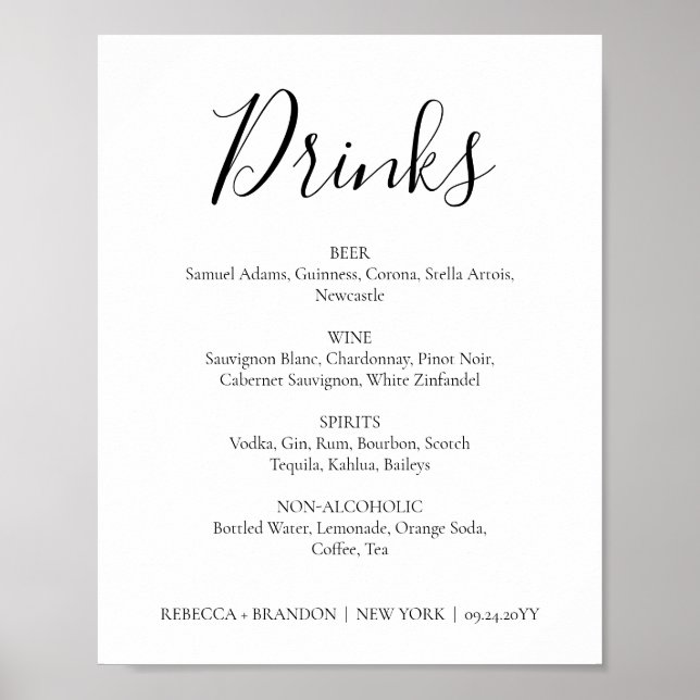 Rebecca Simple Calligraphy Drinks Bröllop Sign Poster (Framsidan)