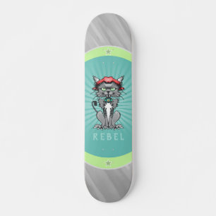 Rebel Cat Design Grått, Teal & Lime Green Skateboa Mini Skateboard Bräda 18,5 Cm