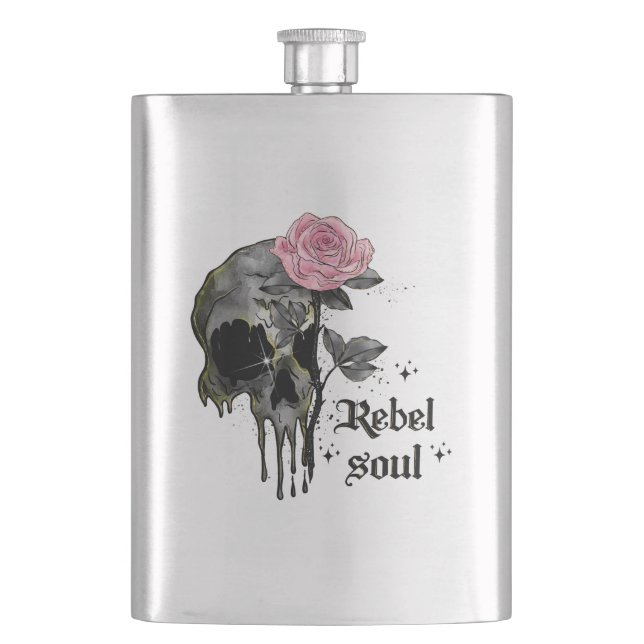 Rebel Soul - Gothic Skull med Rosa ros Fickplunta (Framsidan)