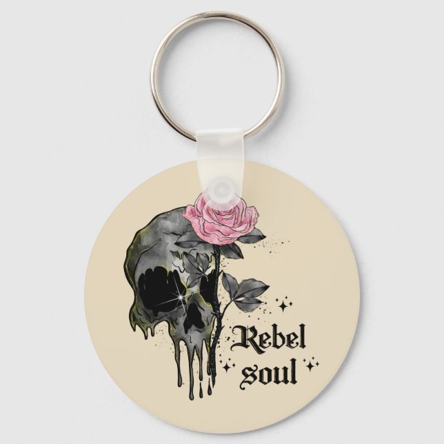 Rebel Soul - Gothic Skull med Rosa ros Nyckelring (Framsida)