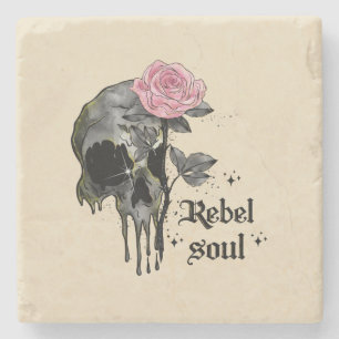 Rebel Soul - Gothic Skull med Rosa ros Stenunderlägg