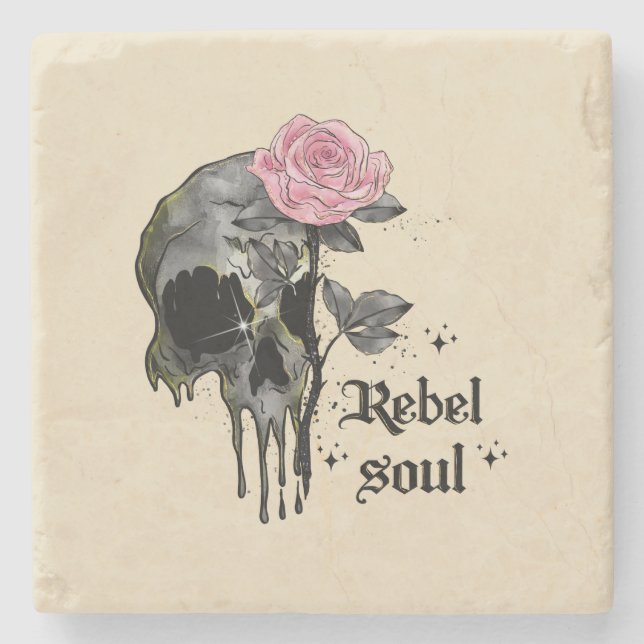 Rebel Soul - Gothic Skull med Rosa ros Stenunderlägg (Framsidan)