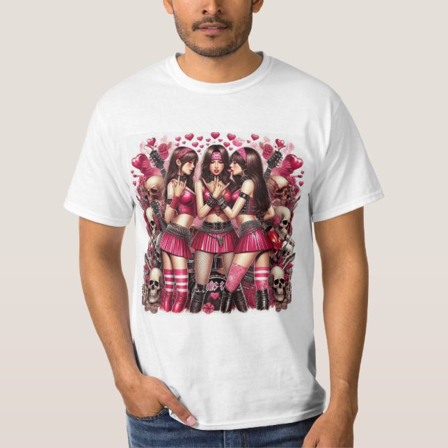 Rebeldía Rockera: Belleza y Pasión en Rosa y Rojo T Shirt (Framsida)