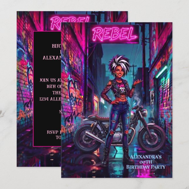 Rebellisk kvinnas födelsedagsgraffiti Motorcykel G Inbjudningar (Fram/baksida)