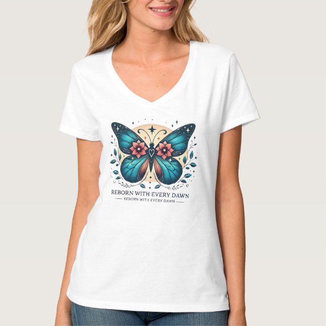 Reborn With Every Dawn - Mystical Butterfly T Shirt (Framsida)