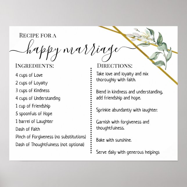 Recept för ett lyckligt äktenskap nygifta grönska  poster (Framsidan)