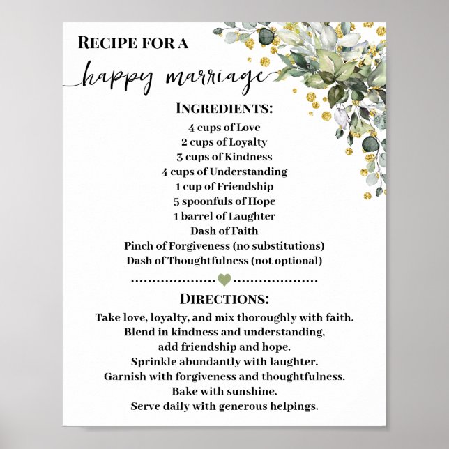 Recept för Lycklig Giftermål Greenery Guld Gift Poster (Framsidan)