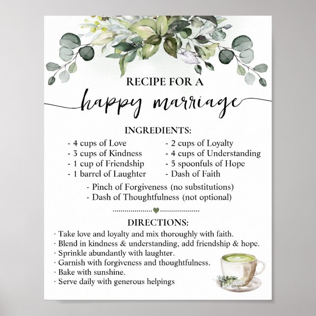 Recept för lyckligt äktenskap Matcha bröllopsgåva Poster (Framsidan)