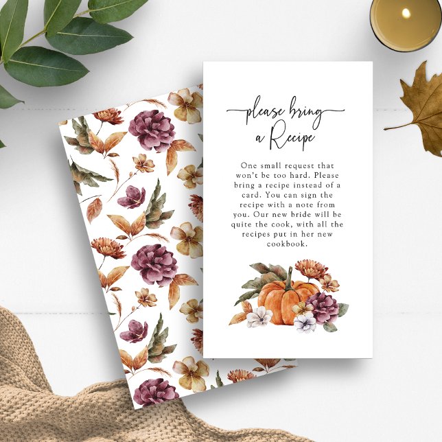 Recept Höst Bröllopsdusch Kort (Bring a Recipe Enclosure Card Bridal Shower Fall In Love Pumpkins Floral by Painted Paperie)