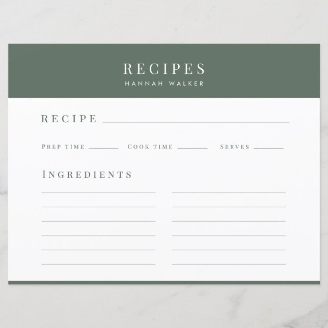 Recept | Minimalistisk Elegant Skogsgrön Receptkor (Framsida)