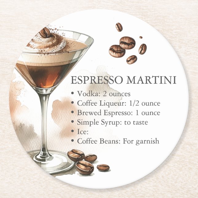 Recept på Espresso Martini Underlägg Papper Rund (Framsidan)