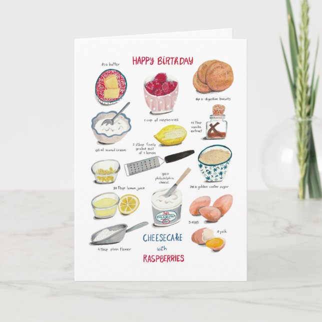 Recept röd och gul födelsedagscheesecake kort (Framsida)