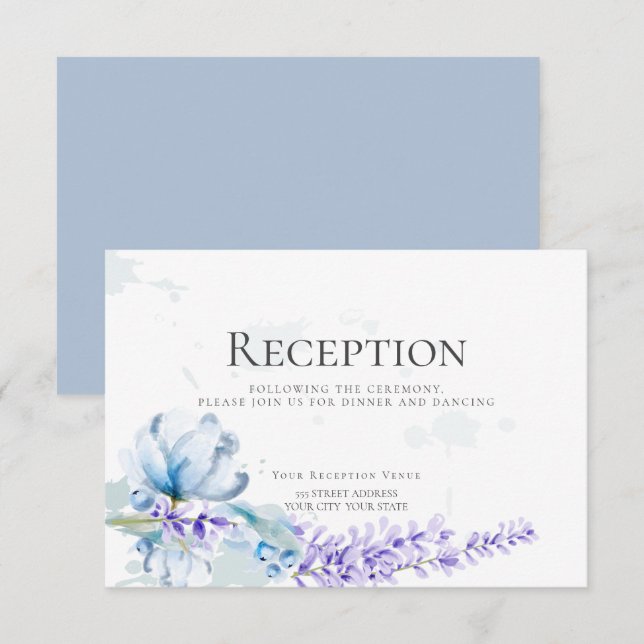 RECEPTION | Akvarell Lavendel - Dammt blå blomster Inbjudningar (Fram/baksida)