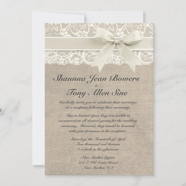 Réception de mariage ene ivoire de toile de jute d inbjudningar (Framsida)
