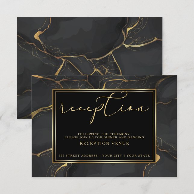 RECEPTION | Elegant svart och guldmarmor Inbjudningar (Fram/baksida)