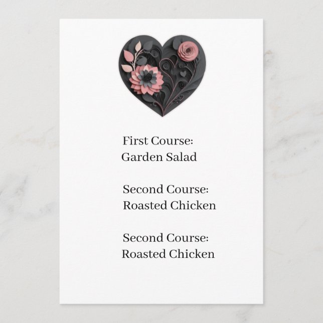 Reception Menu Card Wedding Heart Meny (Framsida)