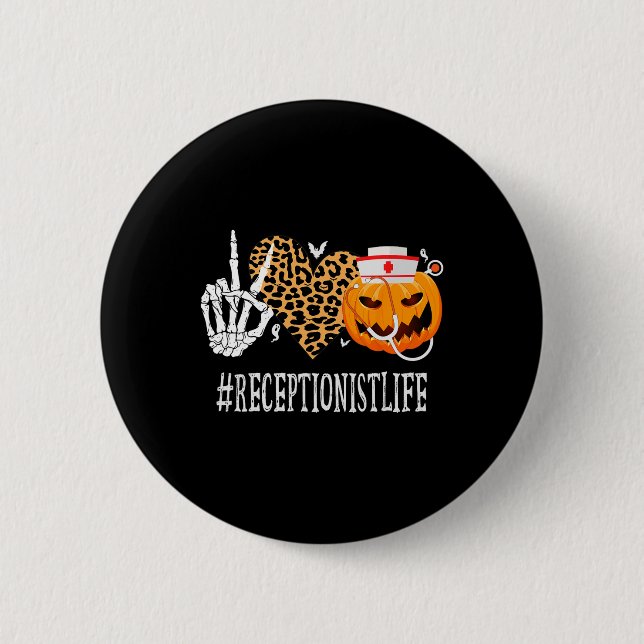 Receptionist Peace Kärlek Pumpkin Roligt Halloween Knapp (Framsida)