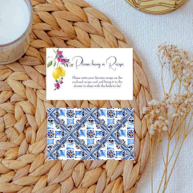 Receptkort för citruscitruscitrusfrukter (italiens tilläggskort (Vintage Italian maiolica blue tiles lemons bougainvillea citrus bridal shower recipe request card)