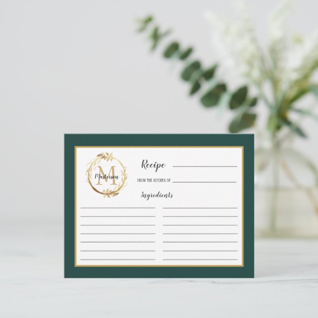 Receptkort för Emerald Grönt Guld Foliage Monogram Vykort (Stående Fram)