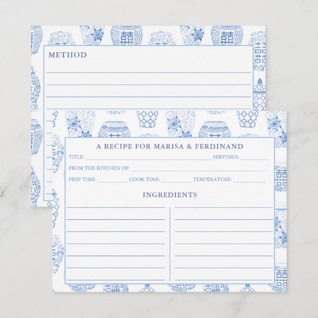 Receptkort för klassiskt blått och vitt ingefära B Inbjudningar (Fram/baksida)