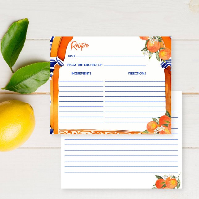 Receptkort för orange blått azulejo talavera (Orange blue azulejo talavera tiles recipe card Spanish citrus oranges bridal shower recipe card)