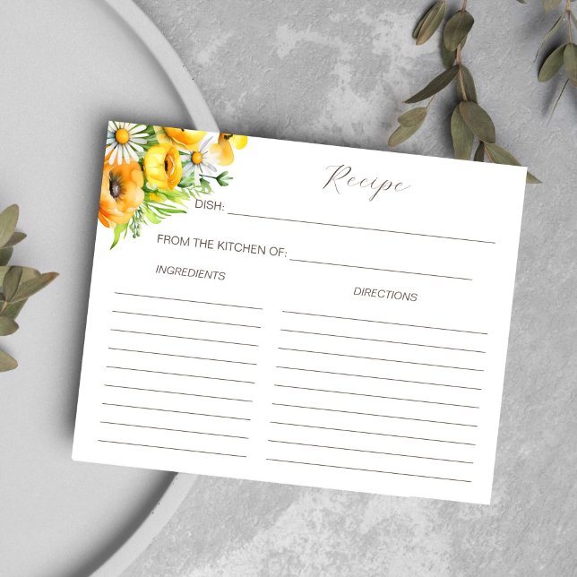 Receptkort för sommarblommor i vår möhippa (Spring summer yellow flowers bridal shower recipe card)