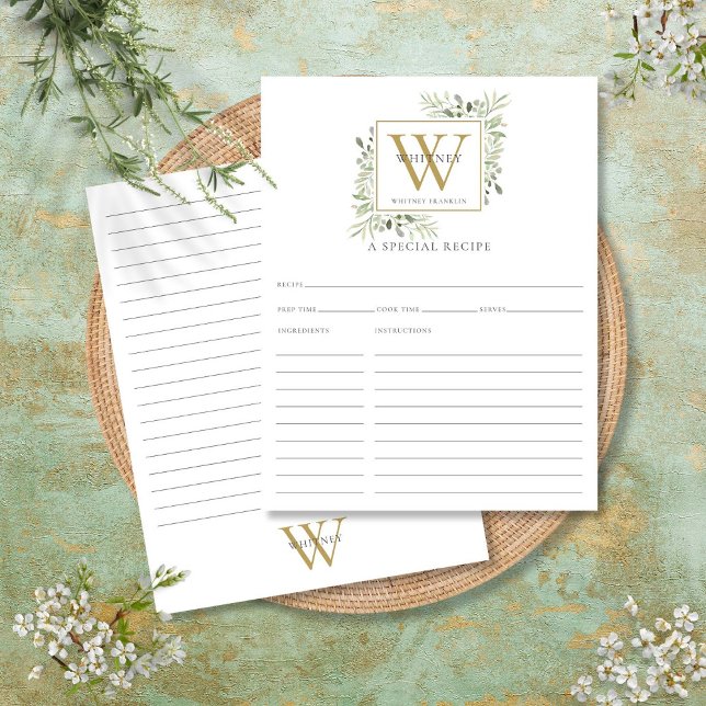 Receptkort för vattenfärgen Greenery Guld Monogram (Watercolor Greenery Gold Monogram Recipe Card)