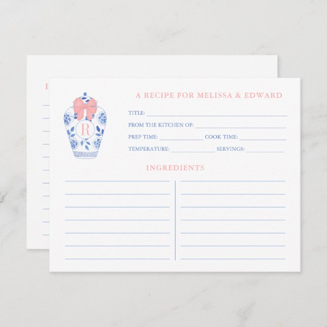 Receptkort för vit monogram för Rosa i Preppy Inbjudningar (Fram/baksida)