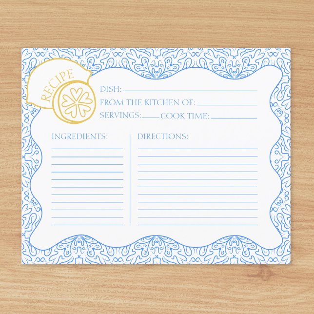 Receptkort italiensk Citrus Lemon-Möhippa (Chic, whimsical recipe card, perfect to include in a mediterranean bridal shower invitation. )