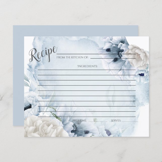 RECEPTKORT | Rustika Blå Blommor i Akvarellstil (Fram/baksida)
