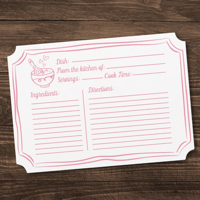 Recipe Card for Bridal Shower Hand Drawn Pink  Anteckningskort (Skapare uppladdad)