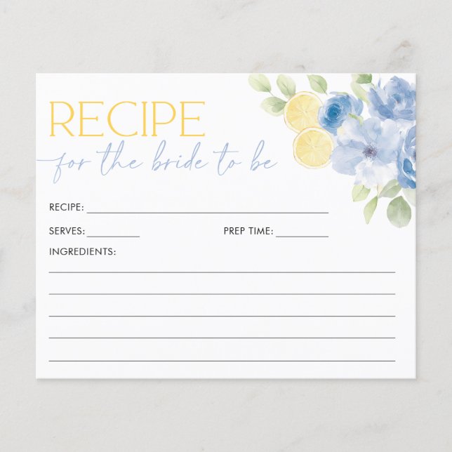 Recipe Card Main Squeeze Blue Citrus Bridal Shower (Framsida)
