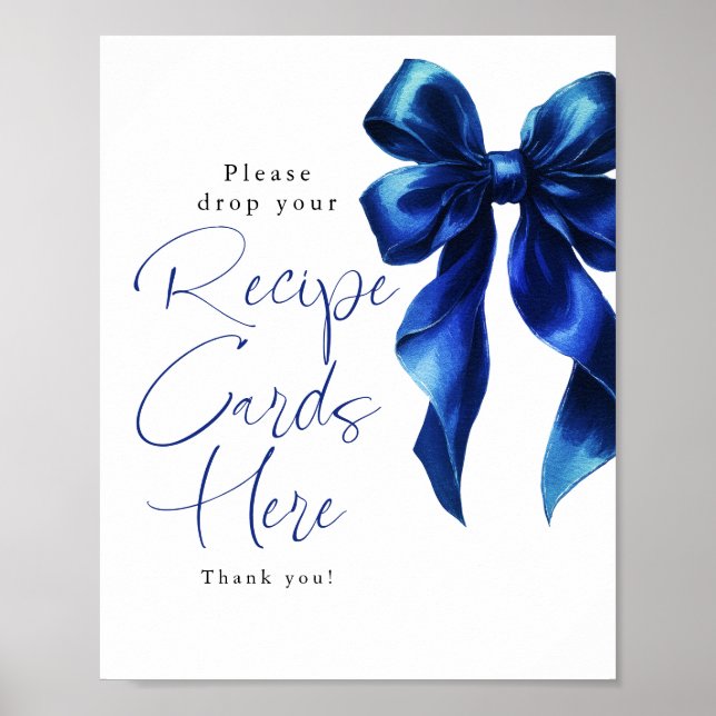 Recipe Cards Navy Blue Bow Bridal Shower Sign Poster (Framsidan)
