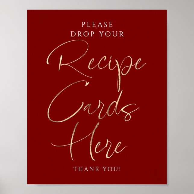 Recipe Cards Red and Gold Bridal Shower Sign Poster (Framsidan)