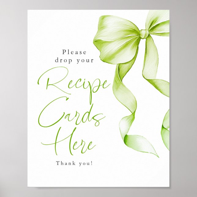 Recipe Cards Sage Green Bow Bridal Shower Sign Poster (Framsidan)