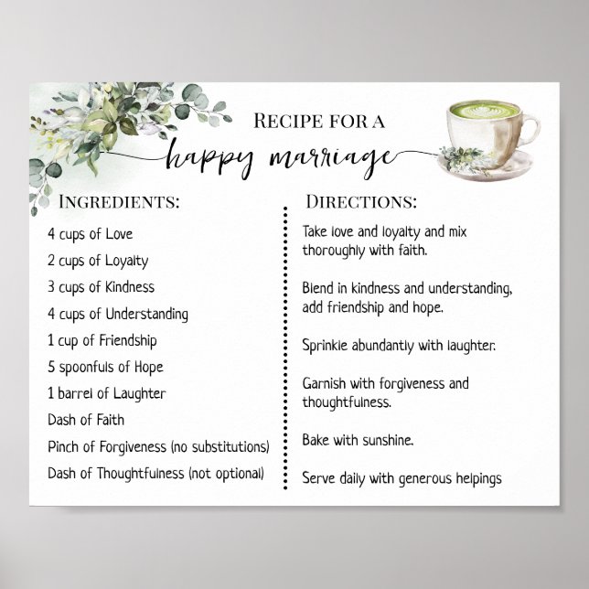 Recipe for a Happy Marriage Greenery Matcha Poster (Framsidan)