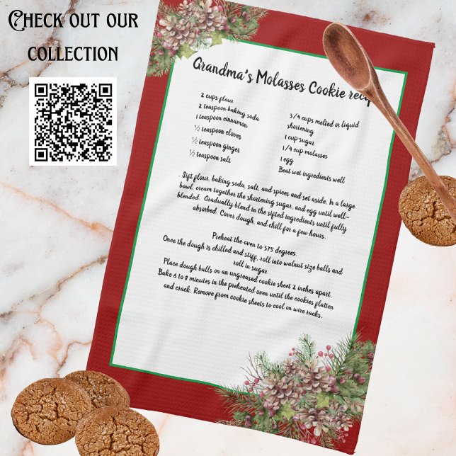 Recipe keepsaké Red jul Pinecones Greenery Kökshandduk (Skapare uppladdad)