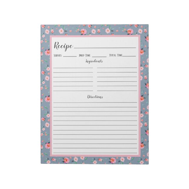 Recipe Rosa ros Blommigt Dusty Blue Mönster Anteckningsblock (Roterad)